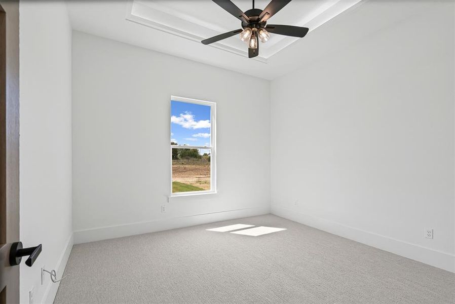 Carpeted spare room with a ceiling fan and baseboards Carpeted spare room with a ceiling fan and baseboards