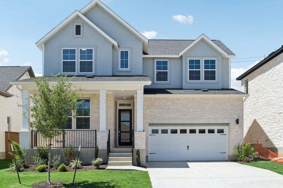 Front exterior of a new home in Persimmon, Buda, TX, highlighting curb appeal (Image 20).