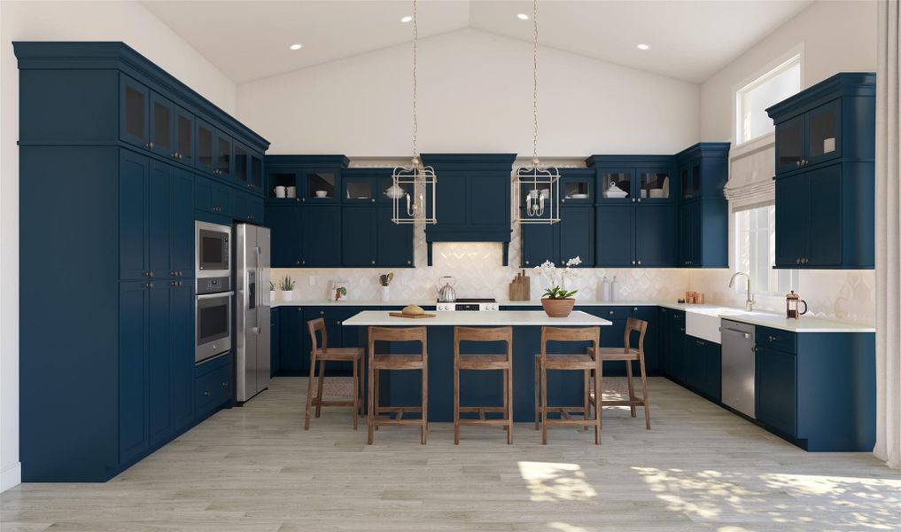 Stunning island kitchen with blue cabinets and quartz countertops (*Artist rendering used for illustration purposes only.) Stunning island kitchen with blue cabinets and quartz countertops (*Artist rendering used for illustration purposes only.)