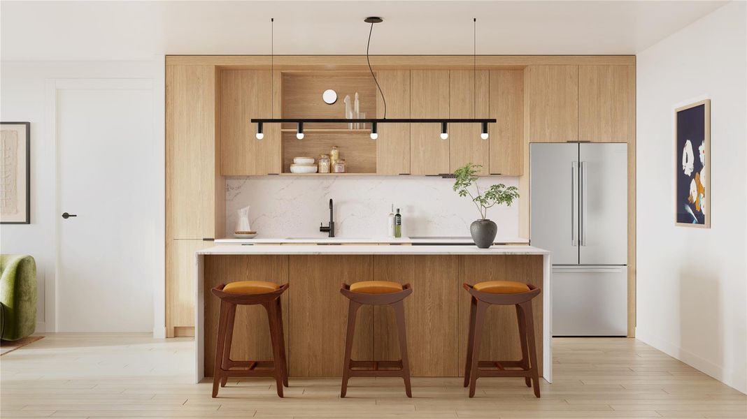 Shown in the Shady Grove palette, this kitchen features warm cabinetry, black hardware, quartz countertops, and Bosch appliances, along with a fully functional setup including cookware, dishes, and a coffee machine for everyday use.