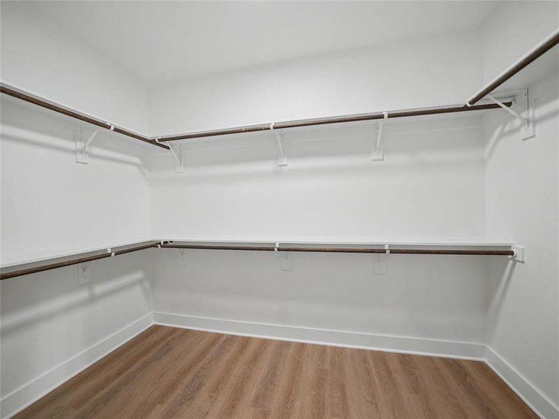 Walk-in closet with extensive built-in shelving, multiple clothing rods, white walls, and wood-finish flooring
