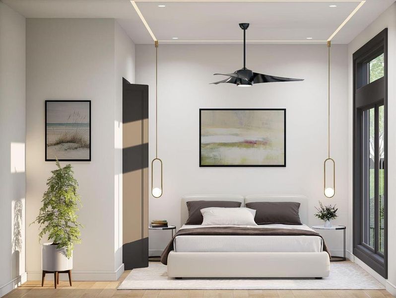 Bedroom with recessed lighting and baseboards