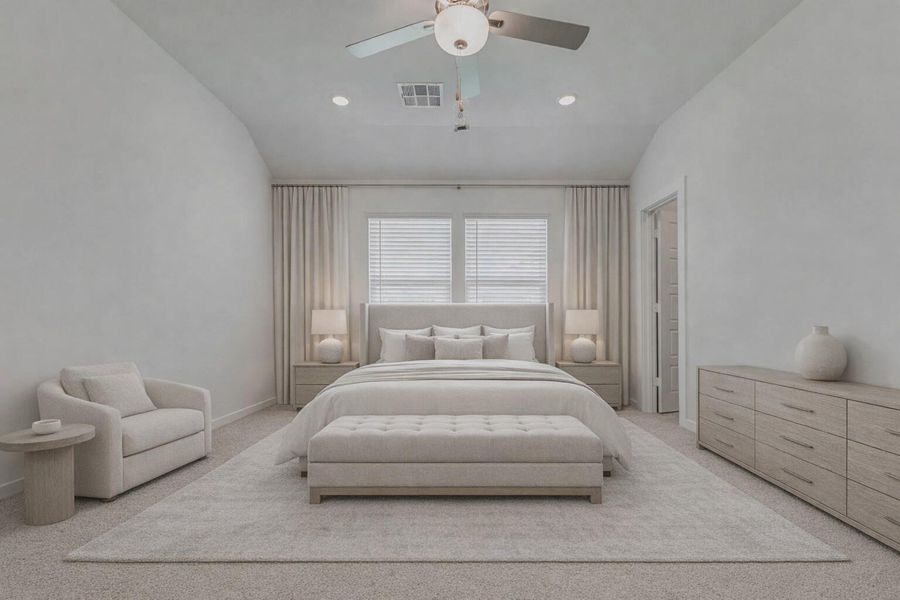 Clean lines and calming tones define this peaceful primary suite. Recessed lighting and a modern ceiling fan enhance the space, while two full-size windows provide abundant natural light. With private access to the en suite bath, this room blends function and comfort in perfect balance. This photo has been virtually staged for visual reference.