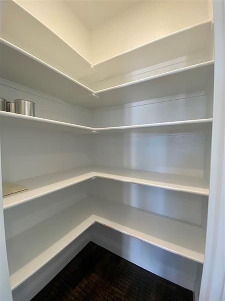 Huge corner pantry has lots of storage space Huge corner pantry has lots of storage space