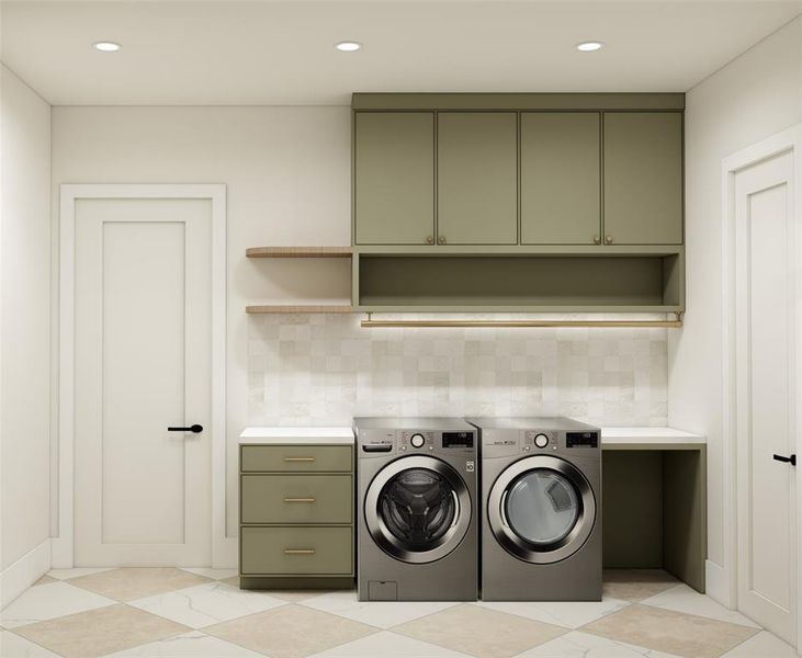 Laundry area featuring recessed lighting and washer and dryer