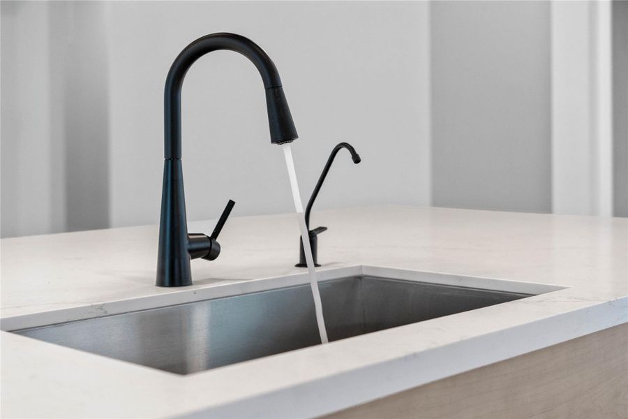 This undermount stainless sink is complemented by a Moen Sleek pull-down faucet and dedicated reverse osmosis tap in matte black.
