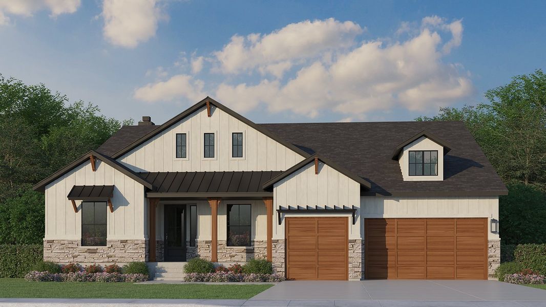 Front exterior of a new home in The Greens at RainDance National, Windsor, CO, highlighting curb appeal (Image 1). Front exterior of a new home in The Greens at RainDance National, Windsor, CO, highlighting curb appeal (Image 1).