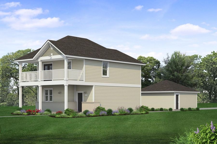 Rendering of two story yellow and green home with black door and light painted brick with second-story balcony with white railing and detached garage with sky and landscaping Rendering of two story yellow and green home with black door and light painted brick with second-story balcony with white railing and detached garage with sky and landscaping
