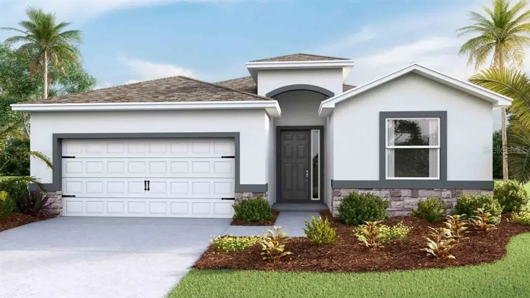 Front exterior of a new home in Angeline, Land O' Lakes, FL, highlighting curb appeal (Image 1).