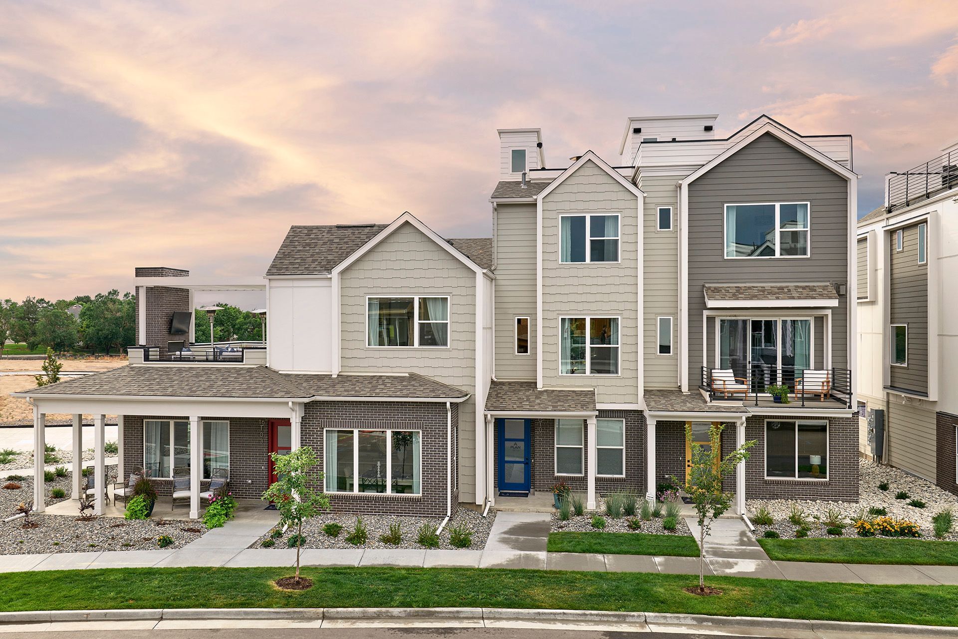 Front exterior of a home in the Prelude at TAVA Waters community, located in Denver, CO (Image 1).