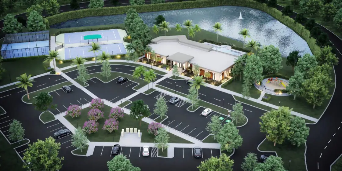 Aerial view of the The Woodlands community in Tamarac, FL, showing layout and nearby surroundings (Image 1).