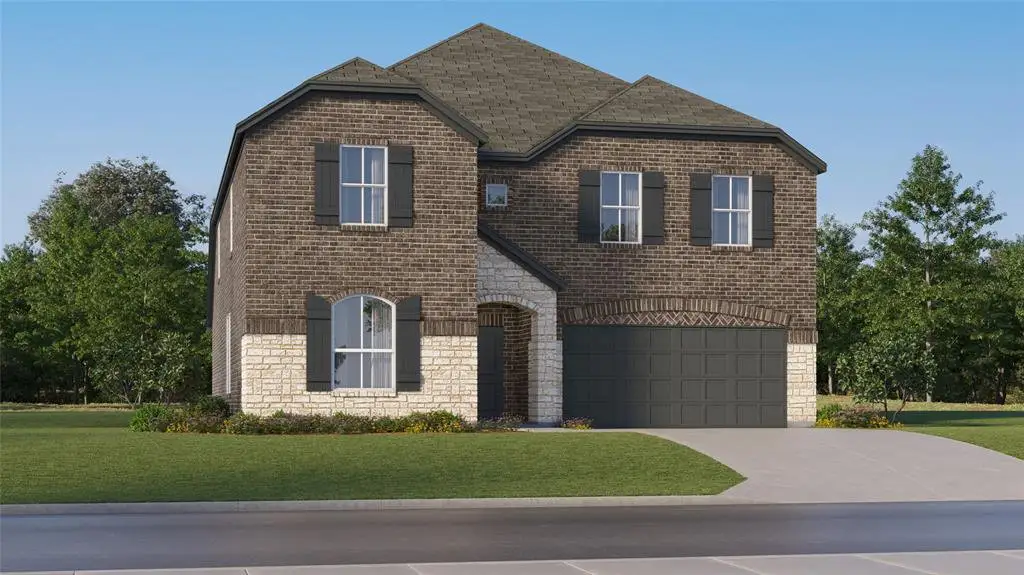 View of front of home with a front lawn, stone siding, brick siding, a garage, and concrete driveway