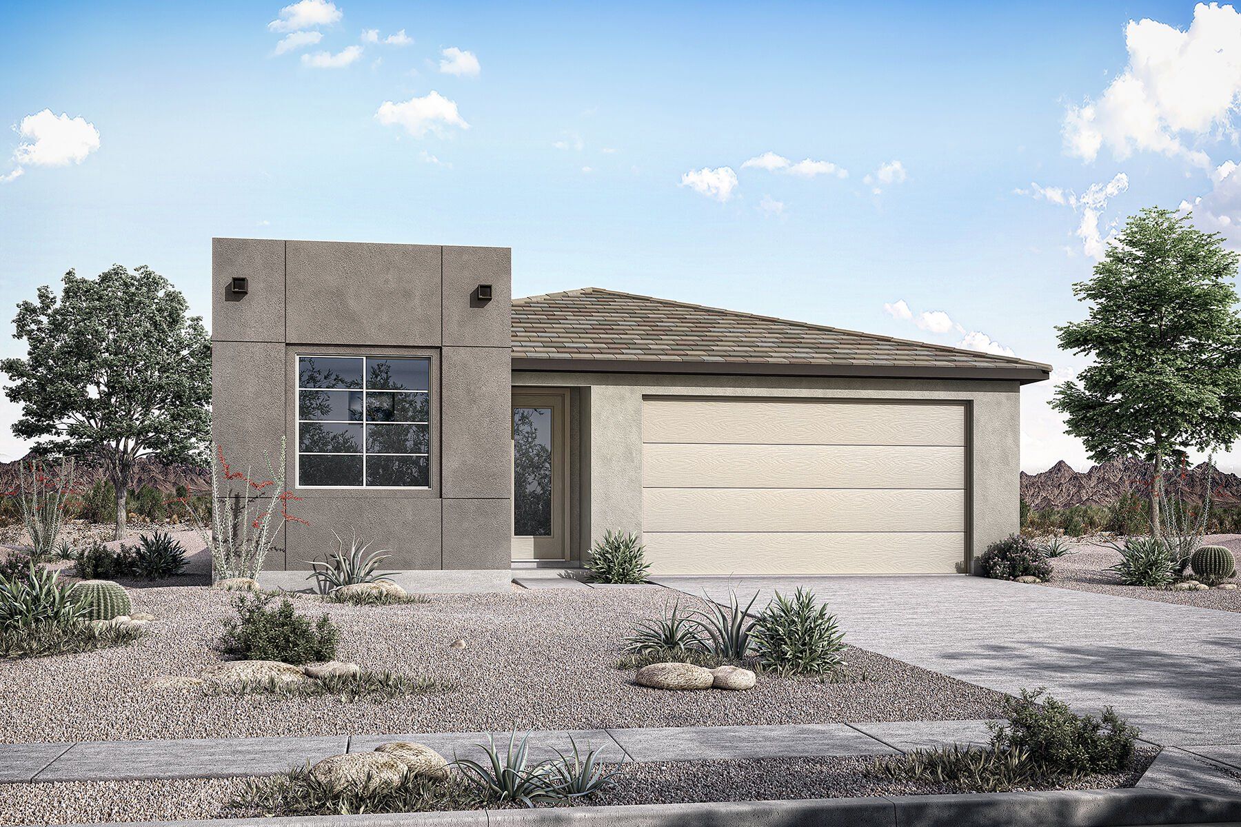Front exterior of a new home in Empire Pointe, Queen Creek, AZ, highlighting curb appeal (Image 1). Front exterior of a new home in Empire Pointe, Queen Creek, AZ, highlighting curb appeal (Image 1).