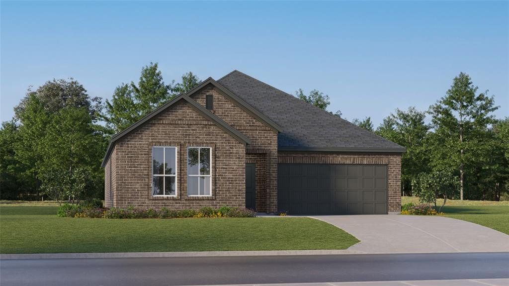 View of front of home featuring brick siding, a front lawn, driveway, a garage, and roof with shingles