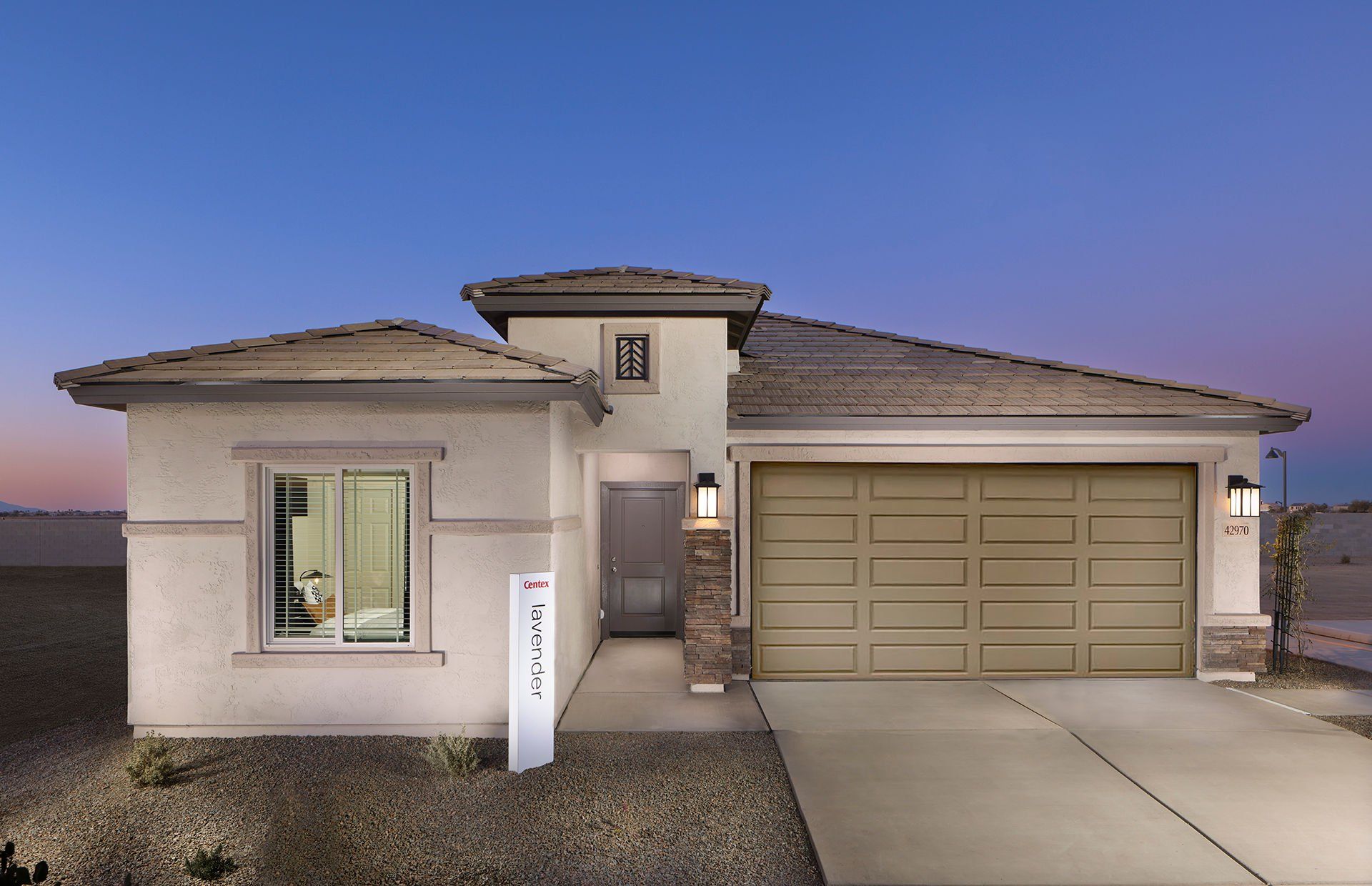 Front exterior of a new home in El Rancho Santa Rosa, Maricopa, AZ, highlighting curb appeal (Image 1). Front exterior of a new home in El Rancho Santa Rosa, Maricopa, AZ, highlighting curb appeal (Image 1).