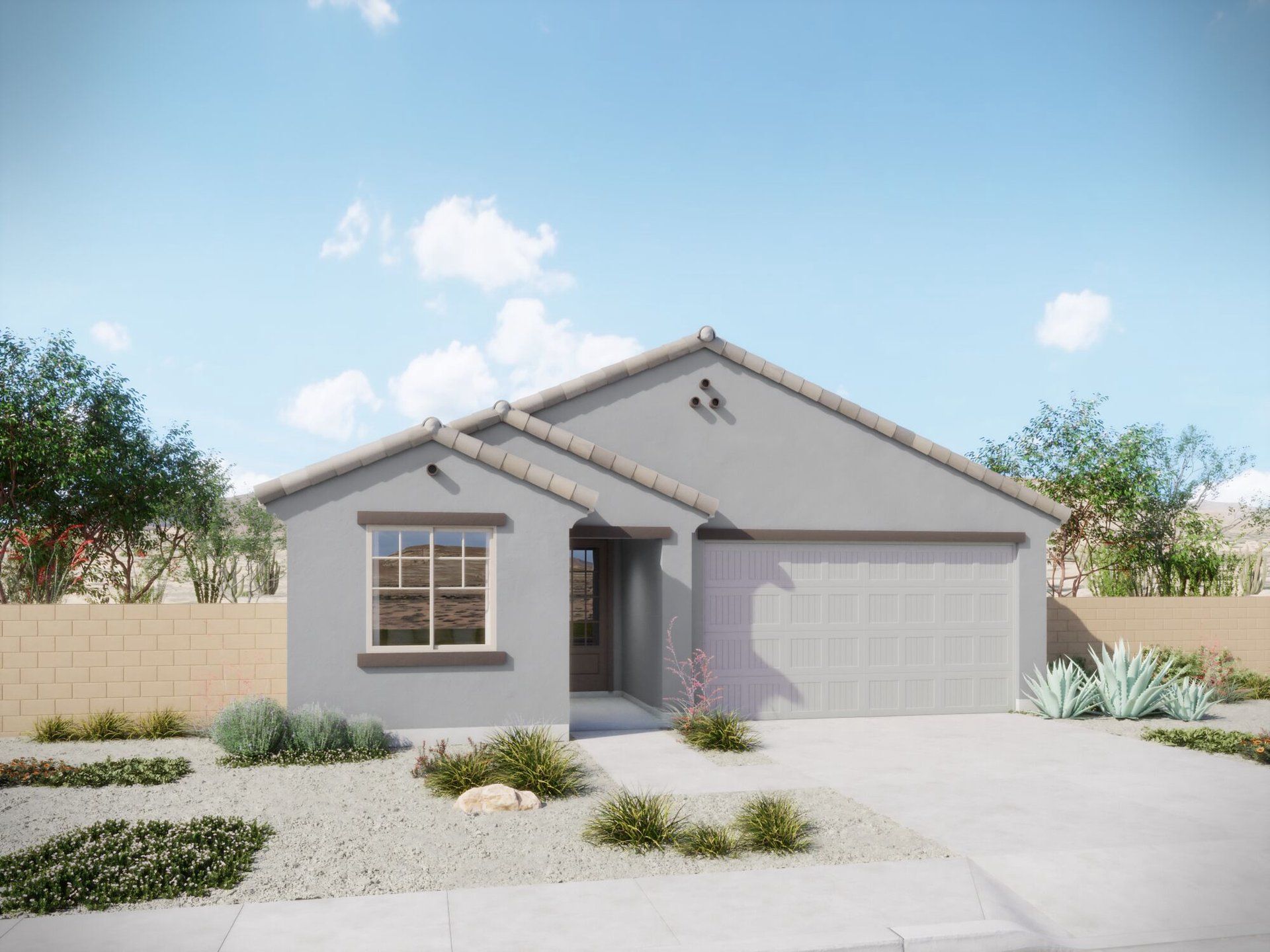 Front exterior of a new home in Oasis At Rocking K, Vail, AZ, highlighting curb appeal (Image 1). Front exterior of a new home in Oasis At Rocking K, Vail, AZ, highlighting curb appeal (Image 1).