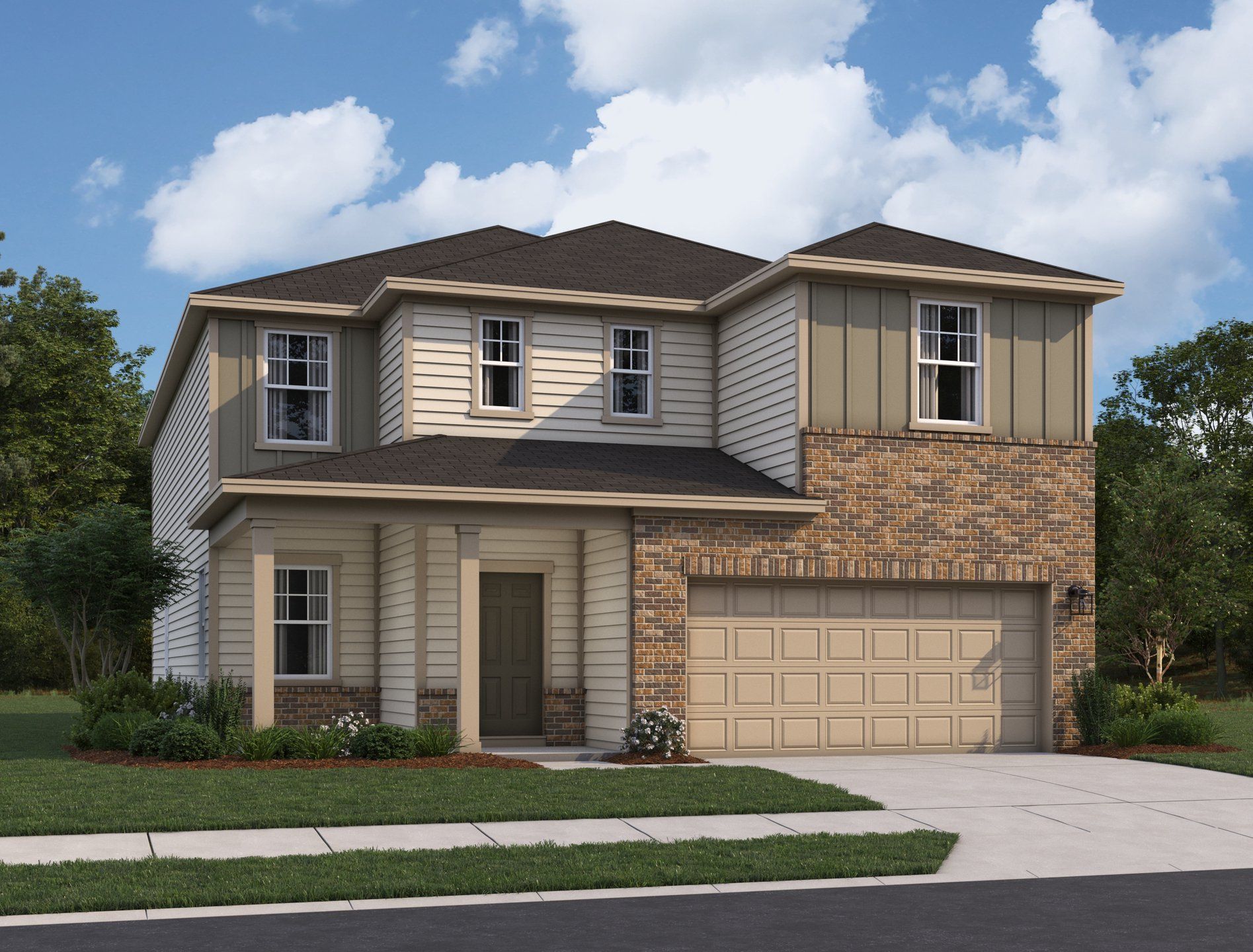 Front exterior of a new home in The Wilder, Adkins, TX, highlighting curb appeal (Image 1).
