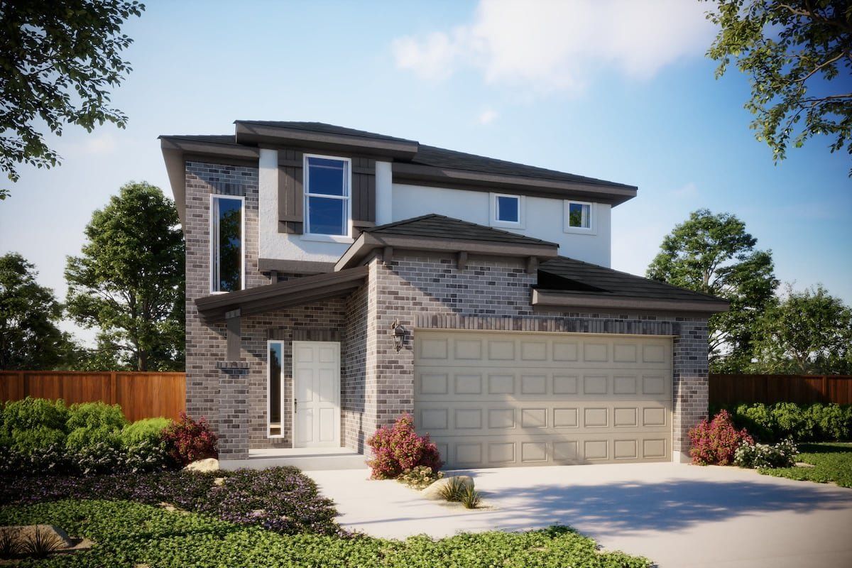 Front exterior of a new home in Saddle Ridge at Wildhorse Ranch, Austin, TX, highlighting curb appeal (Image 1). Front exterior of a new home in Saddle Ridge at Wildhorse Ranch, Austin, TX, highlighting curb appeal (Image 1).