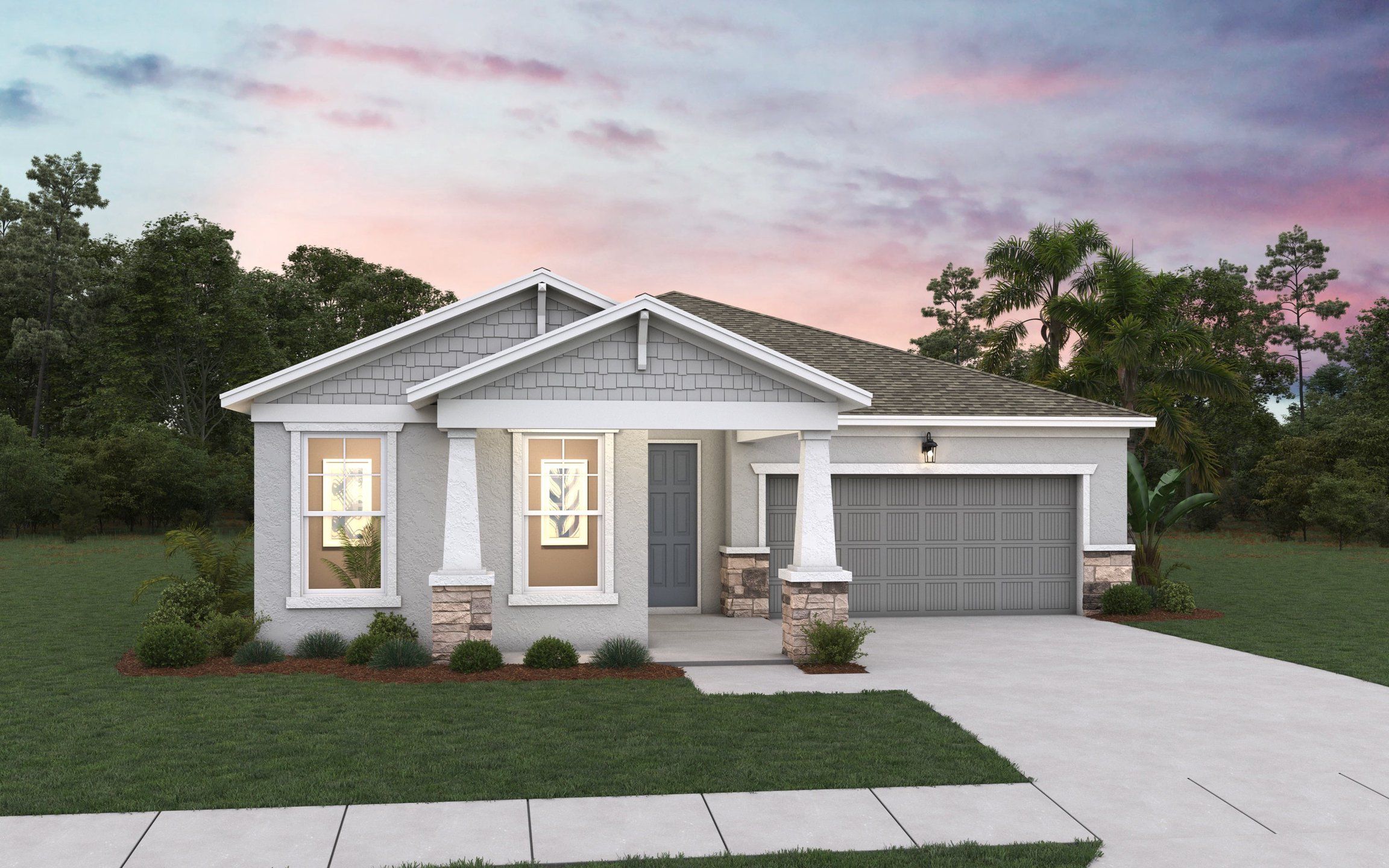 Front exterior of a new home in Seaire, Parrish, FL, highlighting curb appeal (Image 1). Front exterior of a new home in Seaire, Parrish, FL, highlighting curb appeal (Image 1).