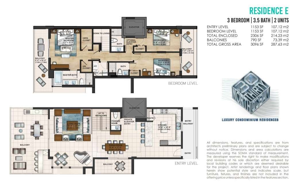 2D floor plan layout for the Residence E by Cavache Properties in 30 Thirty North Ocean, Fort Lauderdale, FL (Image 1).