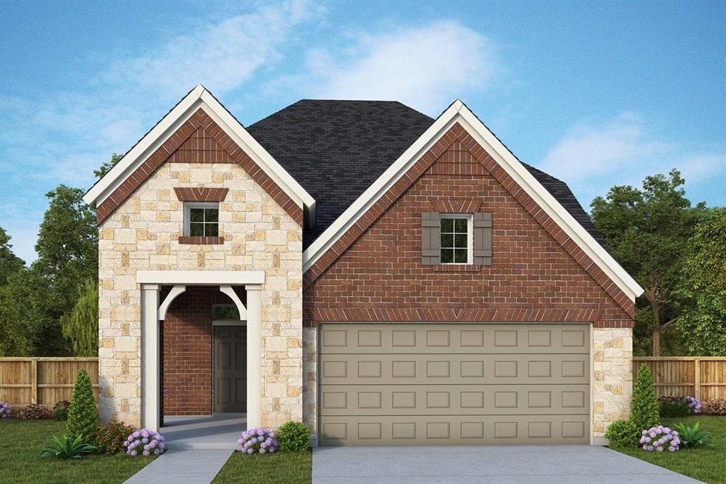 View of front of house with concrete driveway, stone siding, brick siding, and a shingled roof View of front of house with concrete driveway, stone siding, brick siding, and a shingled roof