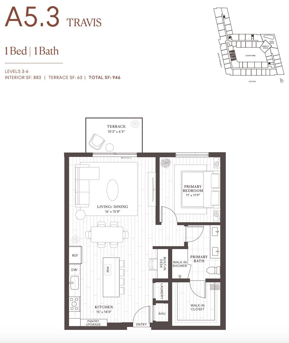 2D floor plan layout for the A5.3 Travis by Intracorp in Leland South Congress, Austin, TX (Image 1).