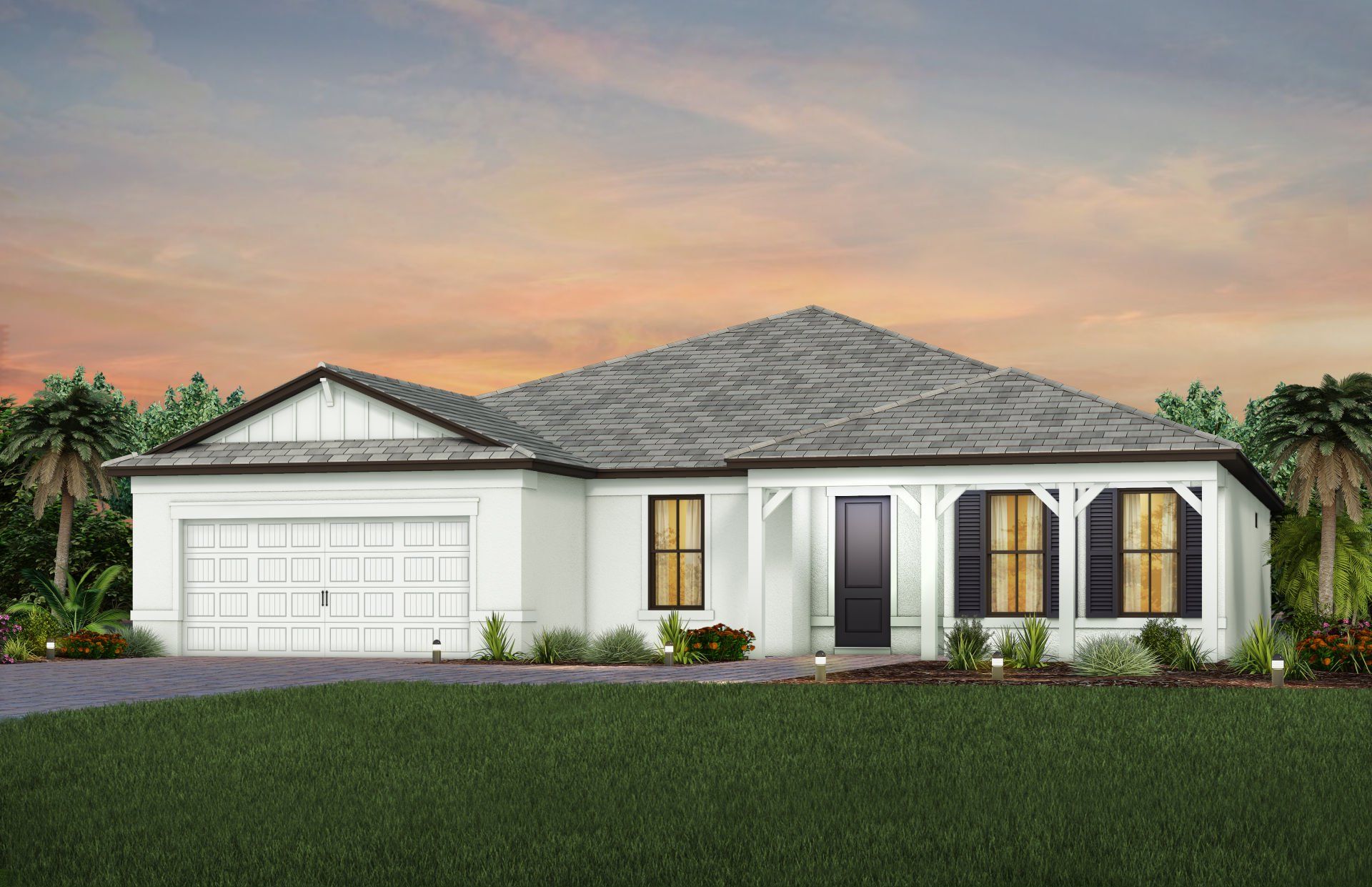 Front exterior of a new home in Del Webb Naples, Ave Maria, FL, highlighting curb appeal (Image 1).