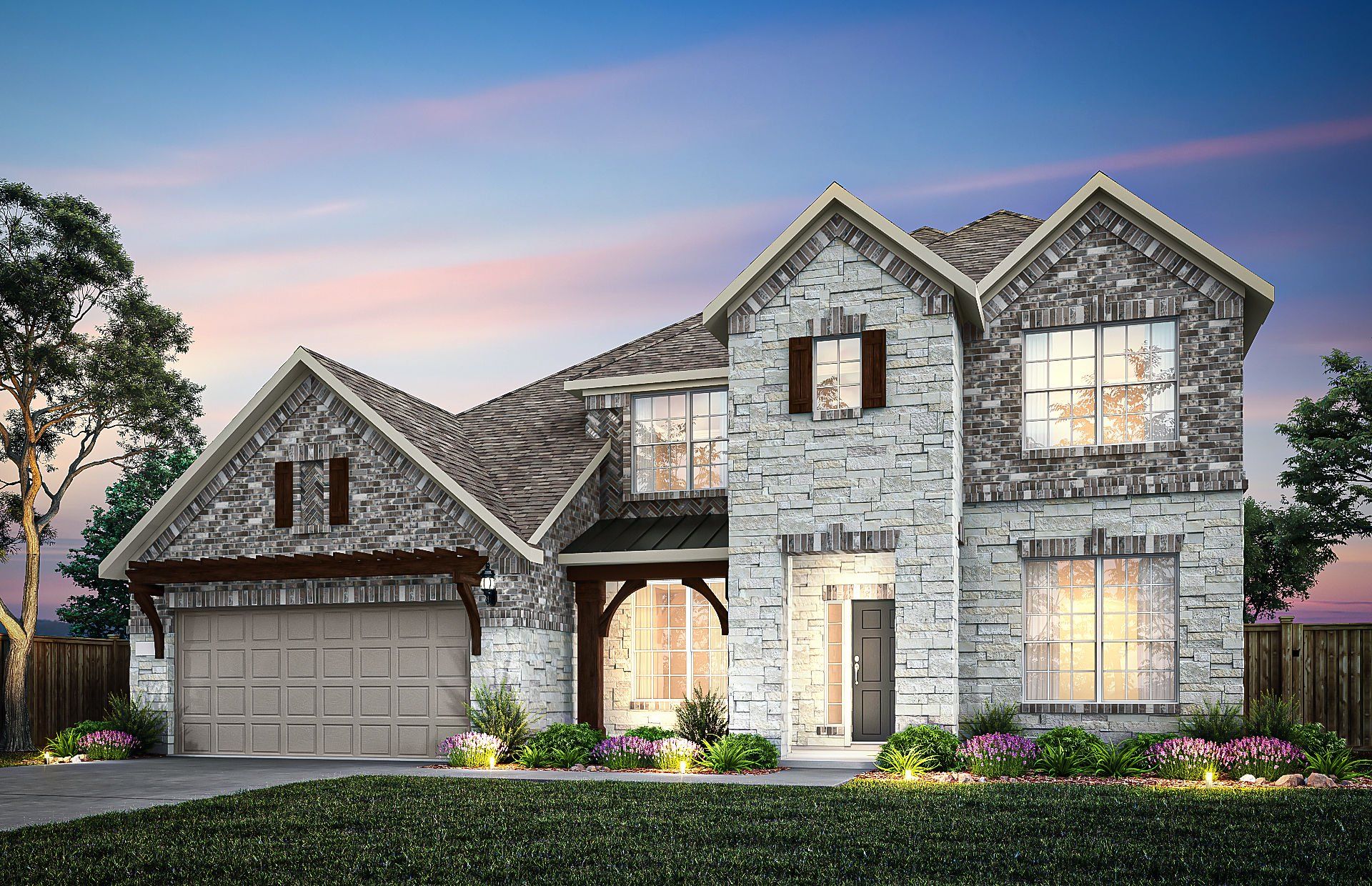 Front exterior of a new home in Bluffview Reserve, Leander, TX, highlighting curb appeal (Image 1). Front exterior of a new home in Bluffview Reserve, Leander, TX, highlighting curb appeal (Image 1).