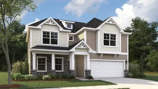 Front exterior of a new home in Cottages at Wingate, Wingate, NC, highlighting curb appeal (Image 1). Front exterior of a new home in Cottages at Wingate, Wingate, NC, highlighting curb appeal (Image 1).