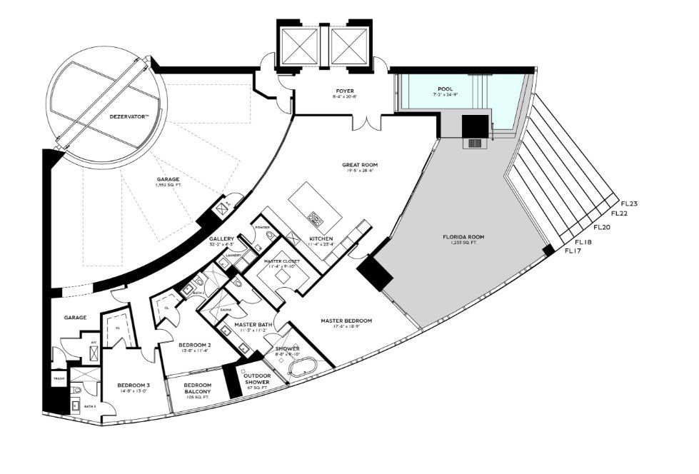 2D floor plan layout for the RESIDENCE AZURE - Floors 17 - 23 by Dezer Development in Bentley Residences, Sunny Isles Beach, FL (Image 1). 2D floor plan layout for the RESIDENCE AZURE - Floors 17 - 23 by Dezer Development in Bentley Residences, Sunny Isles Beach, FL (Image 1).