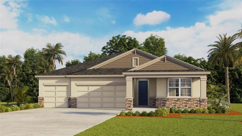 Front exterior of a new home in Archer at Two Rivers, Zephyrhills, FL, highlighting curb appeal (Image 1). Front exterior of a new home in Archer at Two Rivers, Zephyrhills, FL, highlighting curb appeal (Image 1).