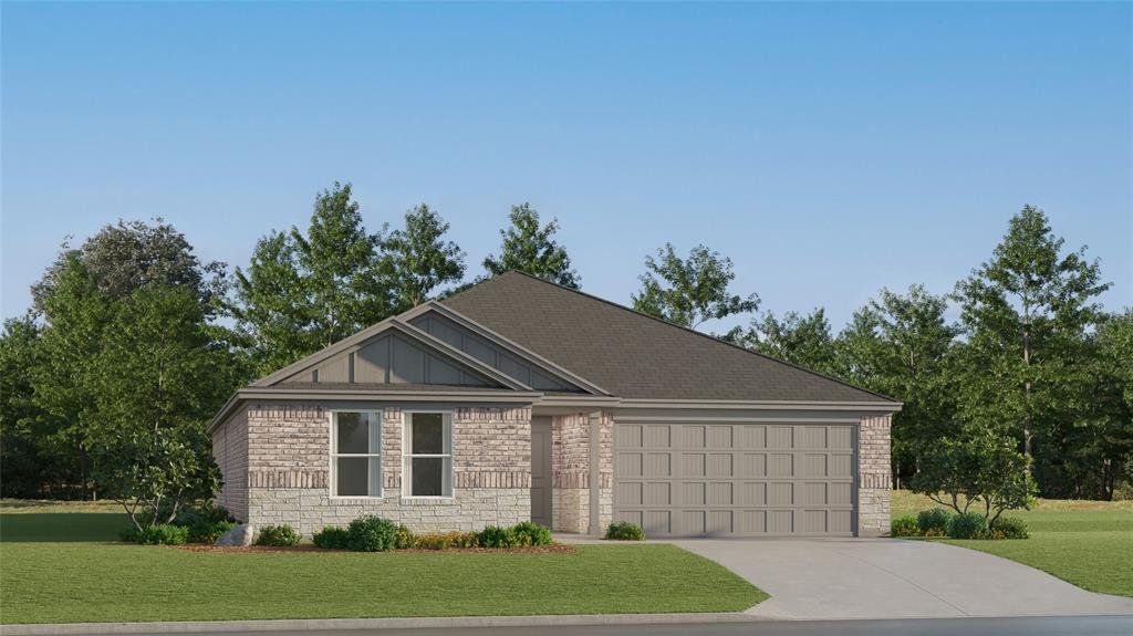 Single-story residence featuring a brick and stone facade, an attached two-car garage, and a dark shingle roof Single-story residence featuring a brick and stone facade, an attached two-car garage, and a dark shingle roof