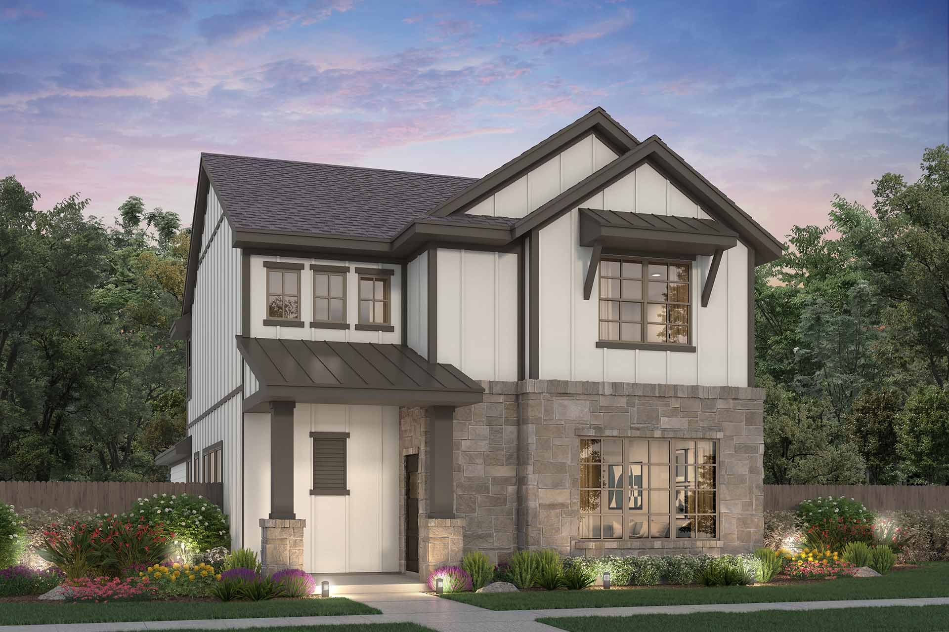 Front exterior of a new home in The Porch at Du Pre, Buda, TX, highlighting curb appeal (Image 1). Front exterior of a new home in The Porch at Du Pre, Buda, TX, highlighting curb appeal (Image 1).