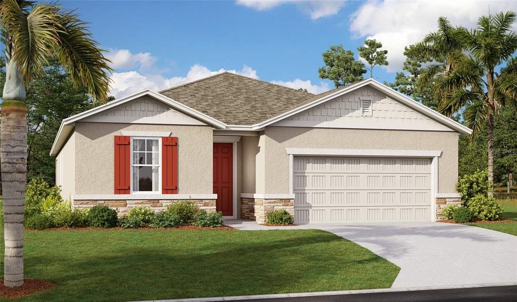 Front exterior of a new home in Seasons at Scenic Terrace, Lake Hamilton, FL, highlighting curb appeal (Image 1). Front exterior of a new home in Seasons at Scenic Terrace, Lake Hamilton, FL, highlighting curb appeal (Image 1).