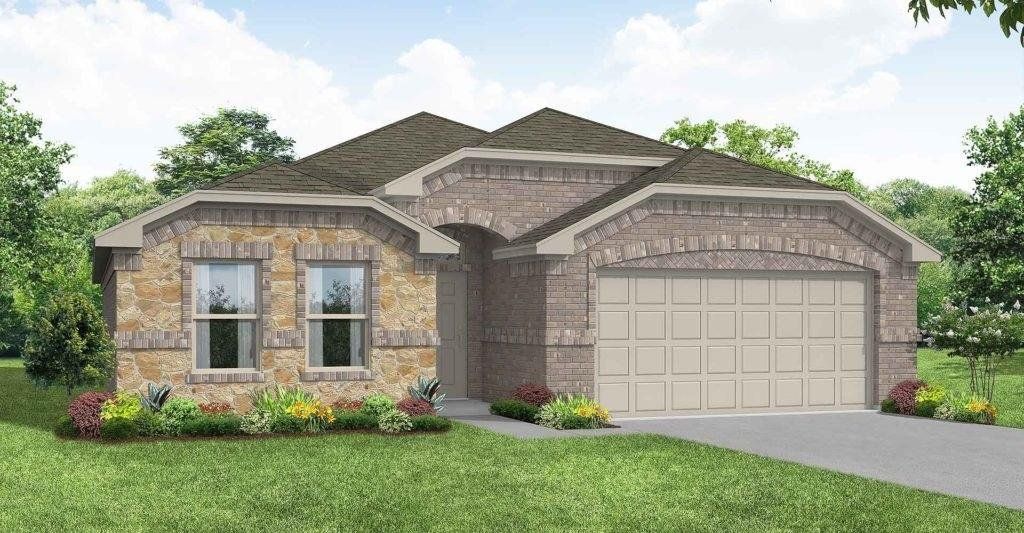 Front exterior of a new home in Myrtle Creek, Waxahachie, TX, highlighting curb appeal (Image 1). Front exterior of a new home in Myrtle Creek, Waxahachie, TX, highlighting curb appeal (Image 1).