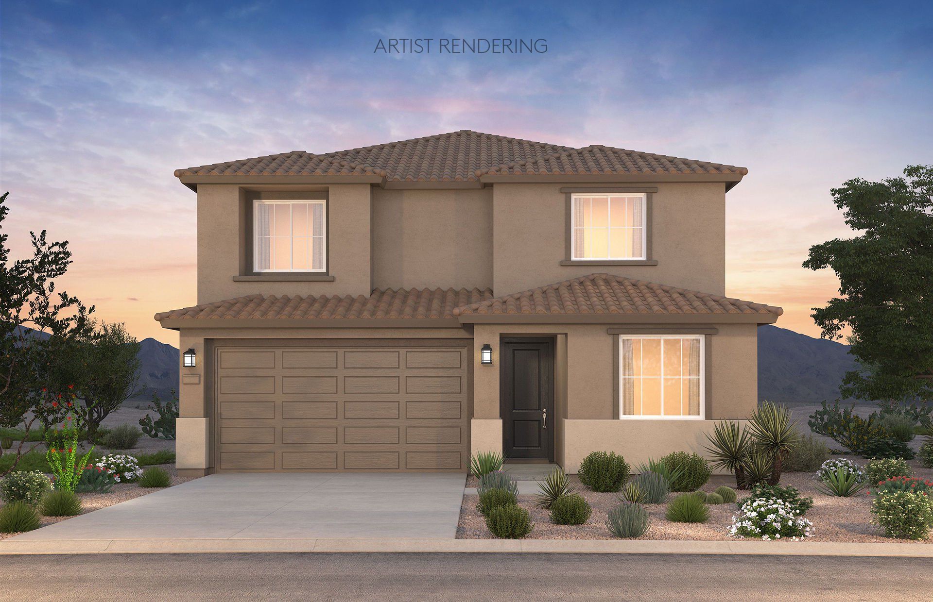 Front exterior of a new home in Visara, Surprise, AZ, highlighting curb appeal (Image 1). Front exterior of a new home in Visara, Surprise, AZ, highlighting curb appeal (Image 1).