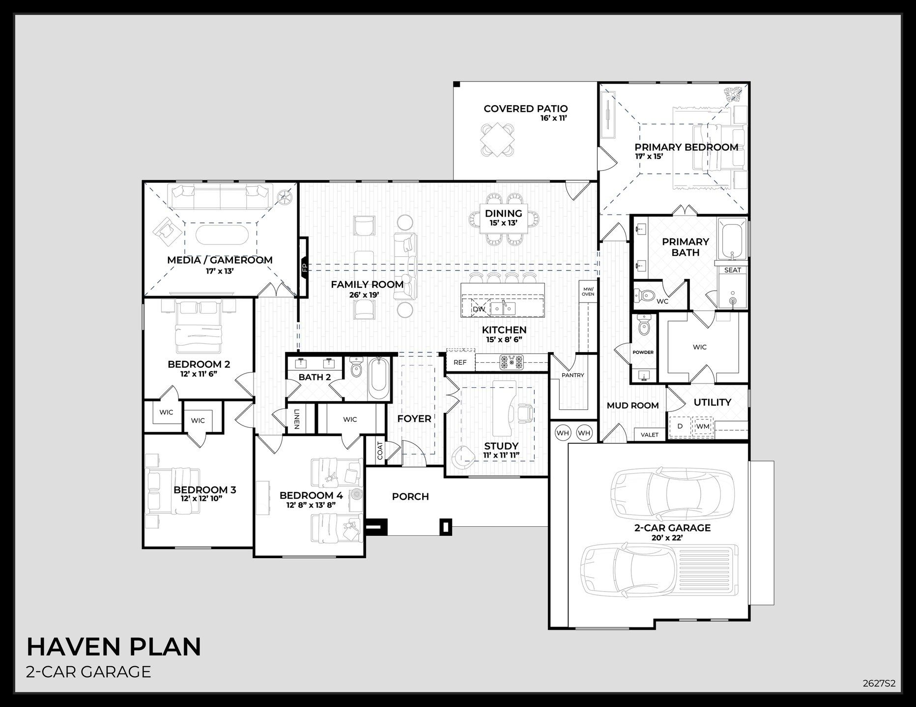 2D floor plan layout for the Haven by Dunhill Homes in Wossum Ranch, Weatherford, TX (Image 1). 2D floor plan layout for the Haven by Dunhill Homes in Wossum Ranch, Weatherford, TX (Image 1).