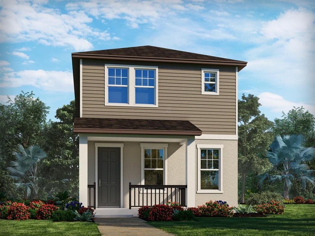 Front exterior of a new home in The Meadow at Crossprairie Bungalows, St. Cloud, FL, highlighting curb appeal (Image 1). Front exterior of a new home in The Meadow at Crossprairie Bungalows, St. Cloud, FL, highlighting curb appeal (Image 1).