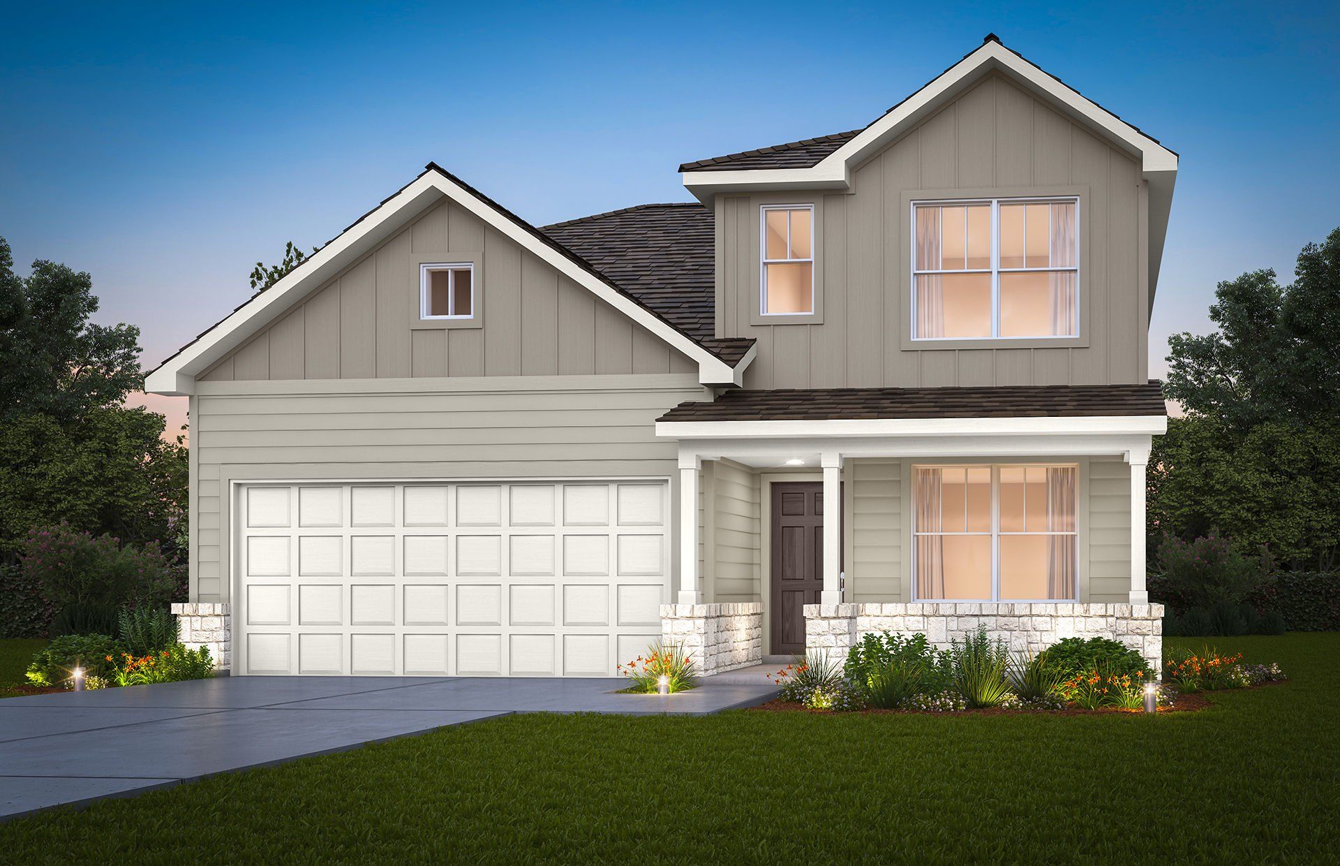 Front exterior of a new home in Horizon Ridge, San Antonio, TX, highlighting curb appeal (Image 1). Front exterior of a new home in Horizon Ridge, San Antonio, TX, highlighting curb appeal (Image 1).