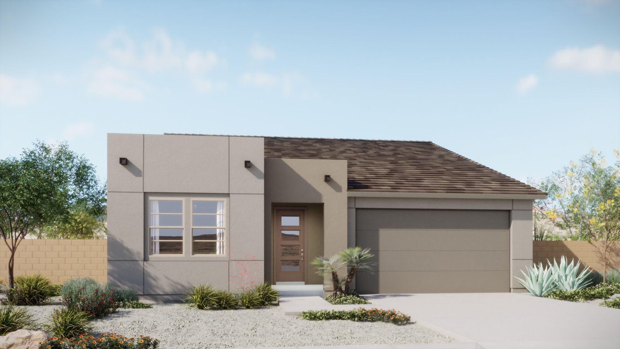 Front exterior of a new home in Covena Pointe, Tucson, AZ, highlighting curb appeal (Image 1). Front exterior of a new home in Covena Pointe, Tucson, AZ, highlighting curb appeal (Image 1).