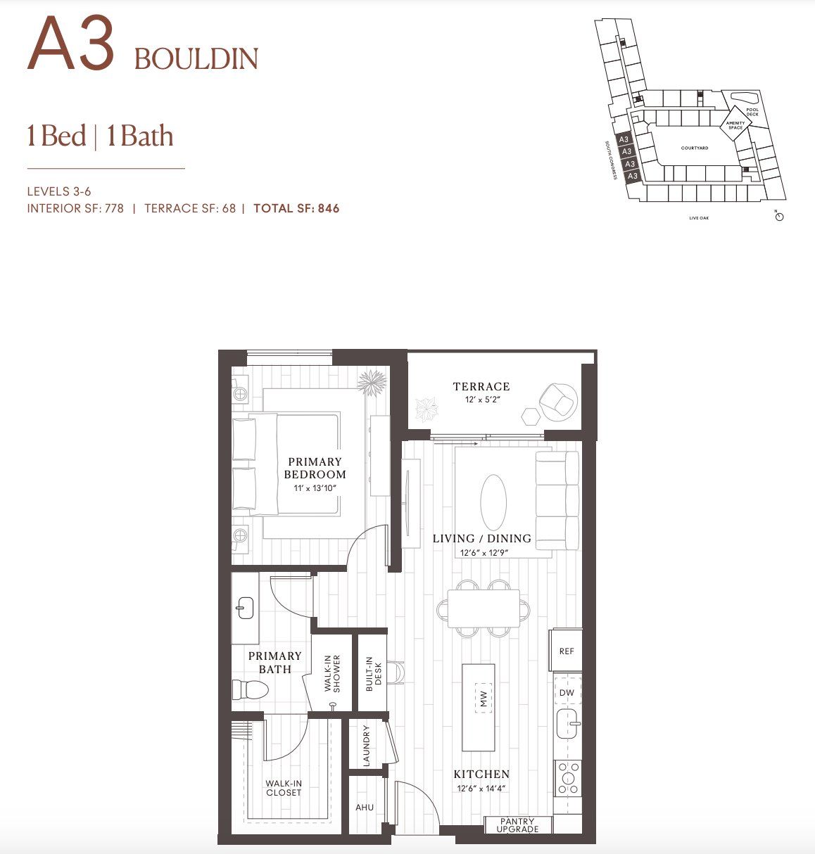 2D floor plan layout for the A3 Bouldin by Intracorp in Leland South Congress, Austin, TX (Image 1). 2D floor plan layout for the A3 Bouldin by Intracorp in Leland South Congress, Austin, TX (Image 1).