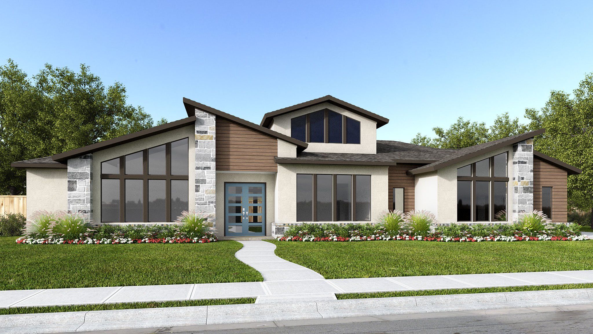 Front exterior of a new home in George's Ranch Acre, Boerne, TX, highlighting curb appeal (Image 1).