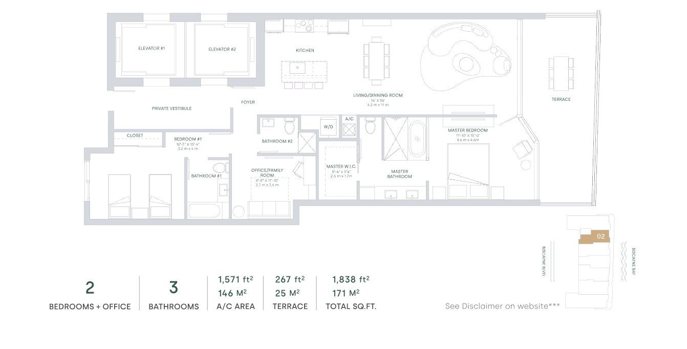 2D floor plan layout for the Line 02 - South Tower by The Melo Group in Aria Reserve, Miami, FL (Image 1).