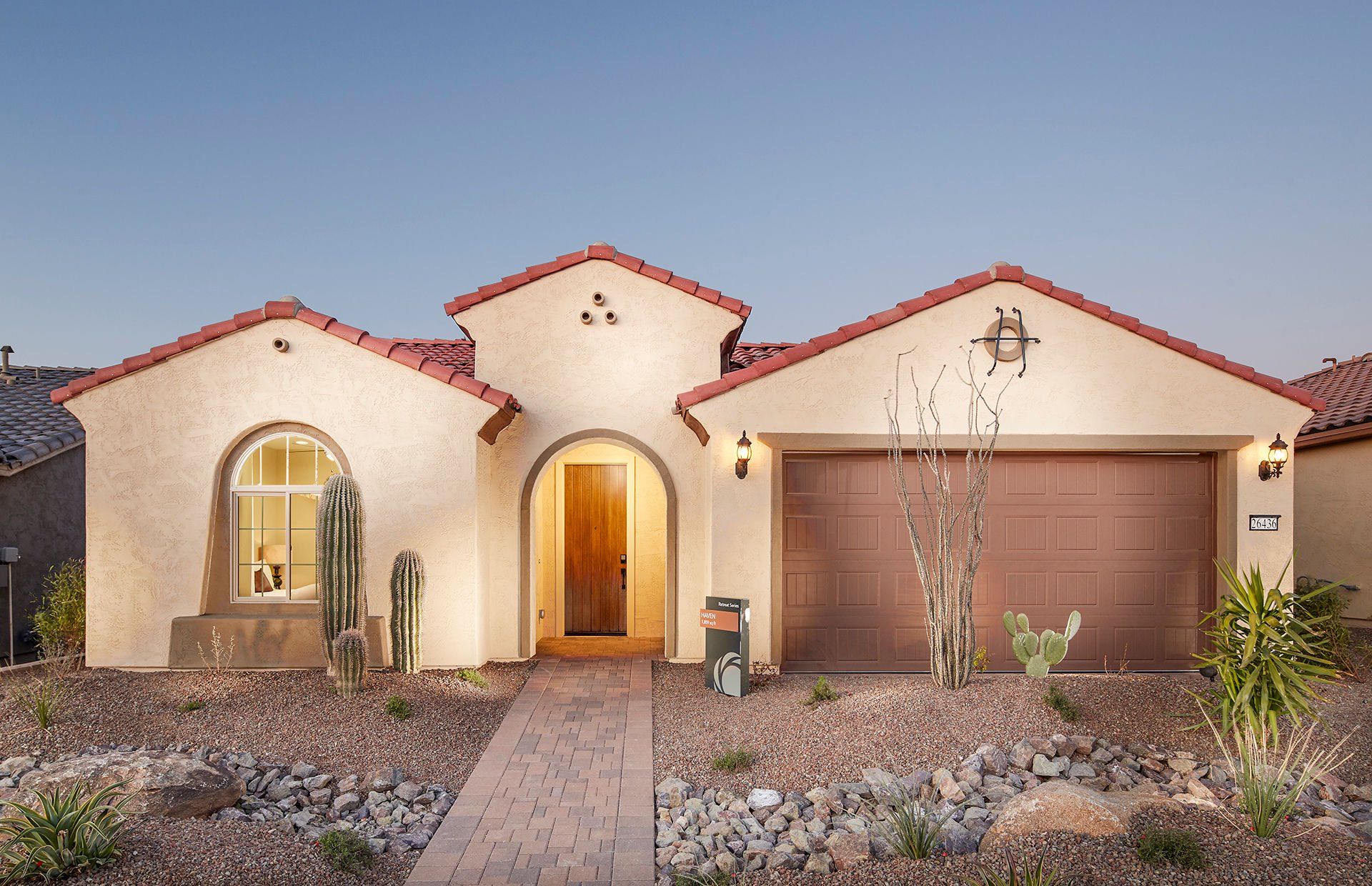 Front exterior of a new home in Sun City Festival, Buckeye, AZ, highlighting curb appeal (Image 1). Front exterior of a new home in Sun City Festival, Buckeye, AZ, highlighting curb appeal (Image 1).