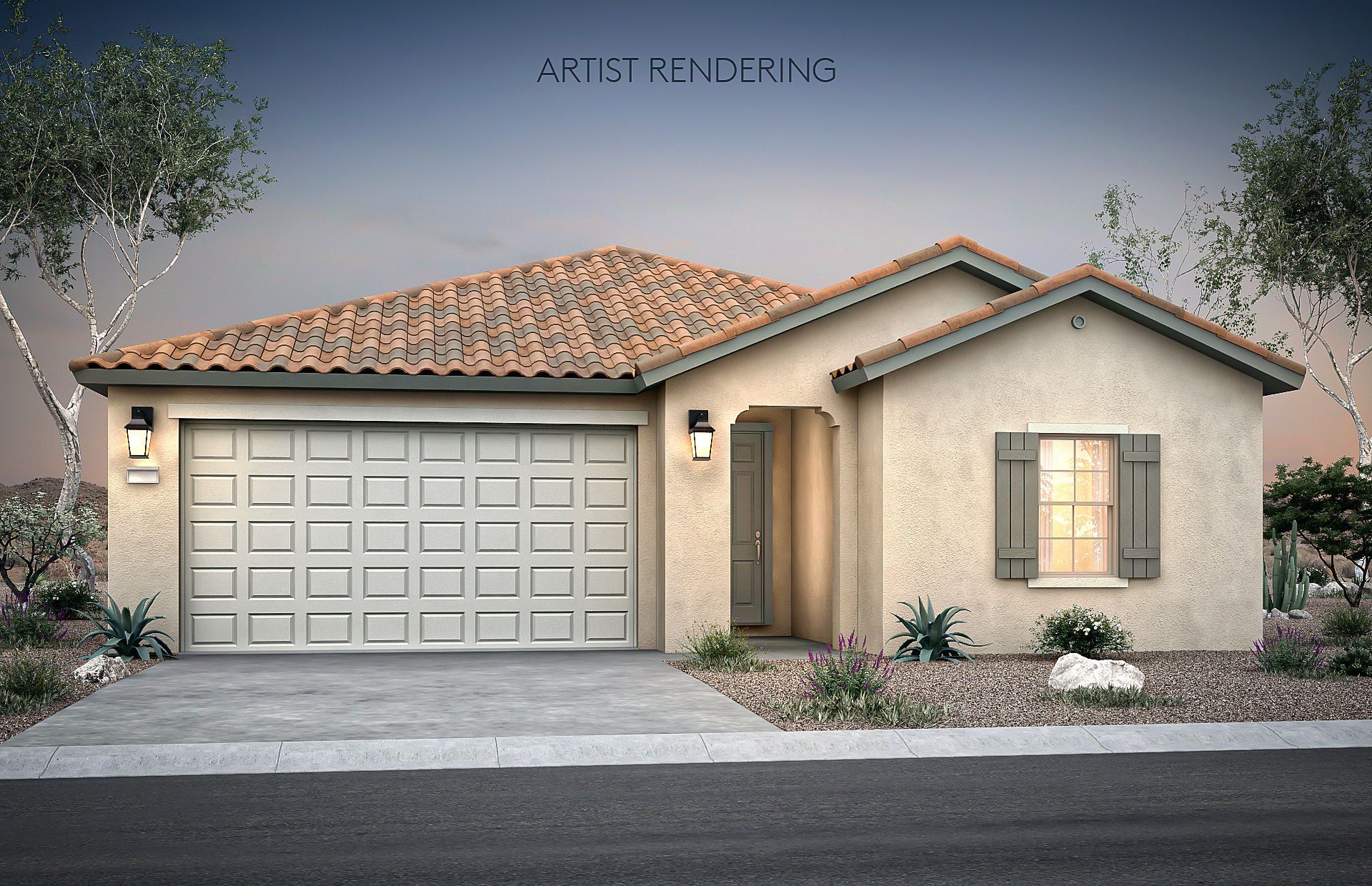 Front exterior of a new home in Festival Foothills, Buckeye, AZ, highlighting curb appeal (Image 1). Front exterior of a new home in Festival Foothills, Buckeye, AZ, highlighting curb appeal (Image 1).