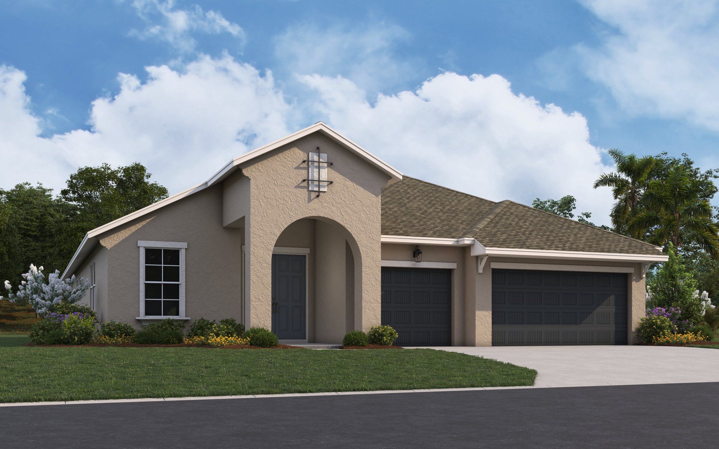 Front exterior of a new home in Seaire, Parrish, FL, highlighting curb appeal (Image 1).