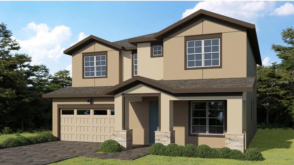 Front exterior of a new home in Havenfield at Crossprairie, St. Cloud, FL, highlighting curb appeal (Image 1).