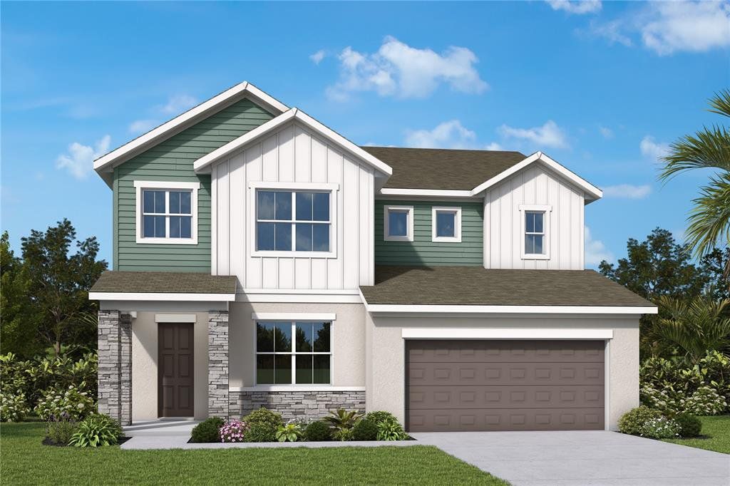 Front exterior of a new home in Oakfield at Mount Dora Village Series, Mount Dora, FL, highlighting curb appeal (Image 1). Front exterior of a new home in Oakfield at Mount Dora Village Series, Mount Dora, FL, highlighting curb appeal (Image 1).