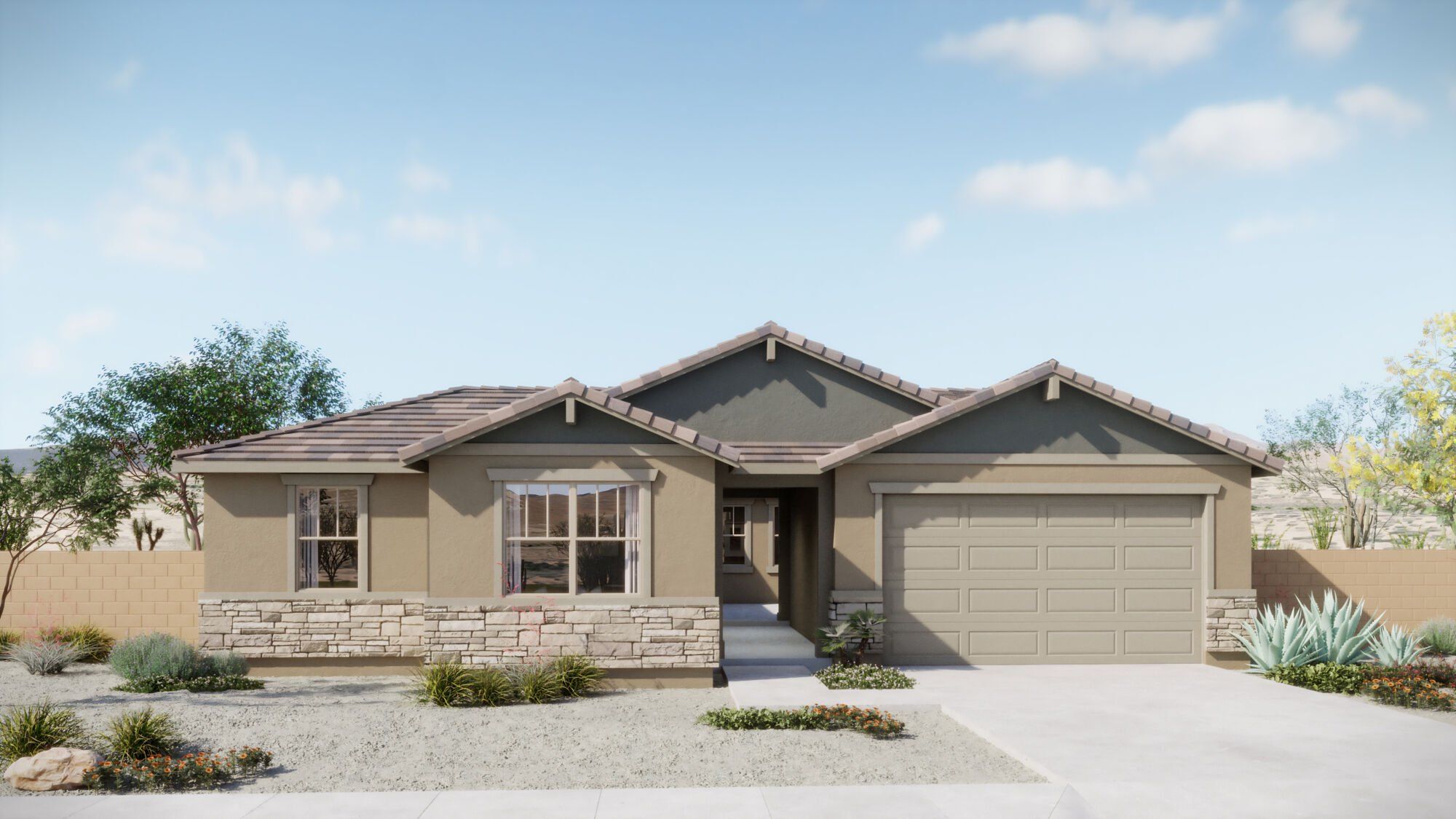 Front exterior of a new home in Covena Pointe, Tucson, AZ, highlighting curb appeal (Image 1). Front exterior of a new home in Covena Pointe, Tucson, AZ, highlighting curb appeal (Image 1).