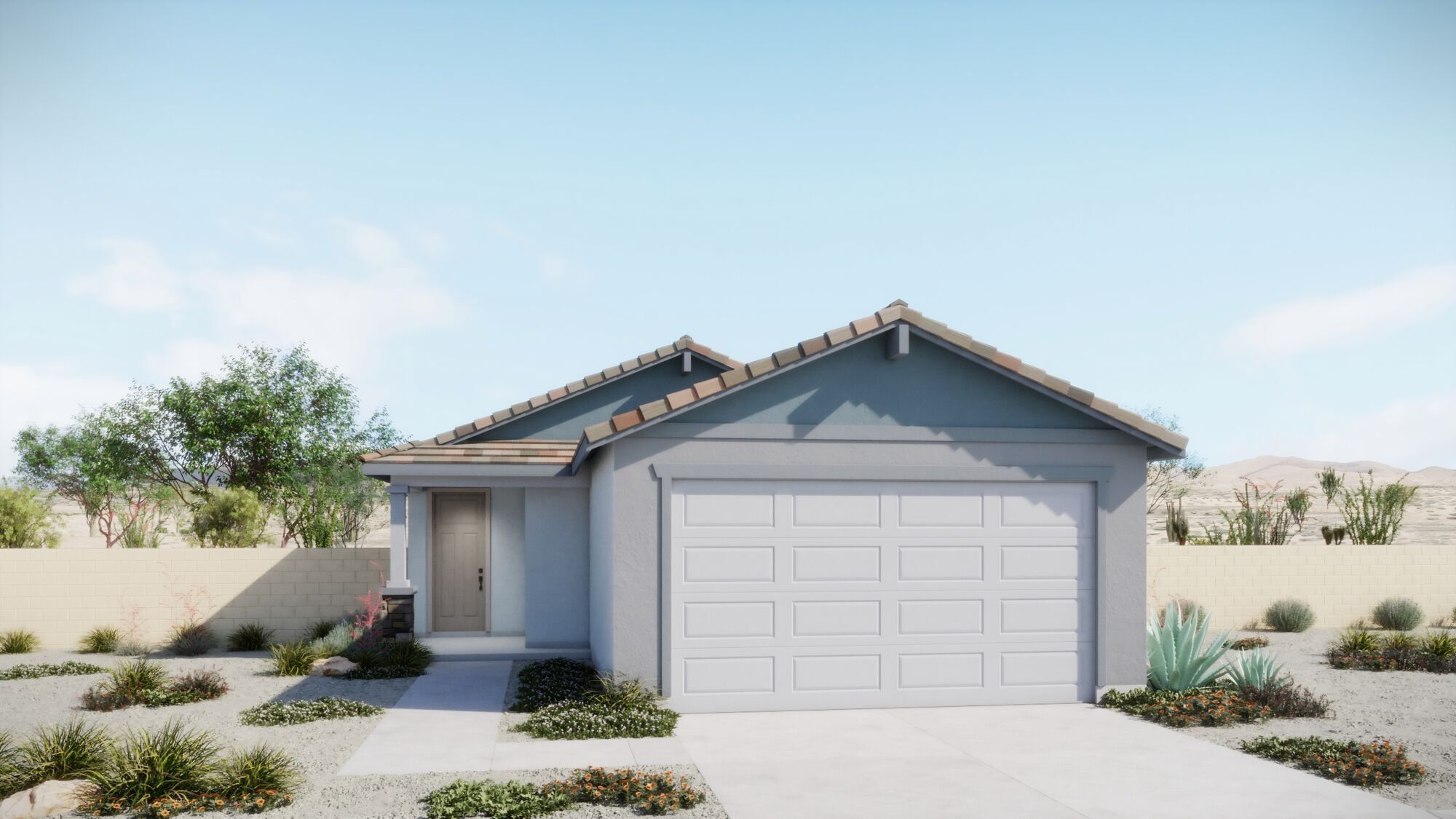 Front exterior of a new home in Blackhawk, Tucson, AZ, highlighting curb appeal (Image 1).